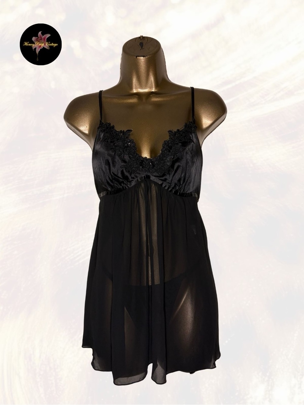 Linea Donatella Black Sheer Babydoll Chemise & Thong Set Y2K Lingerie